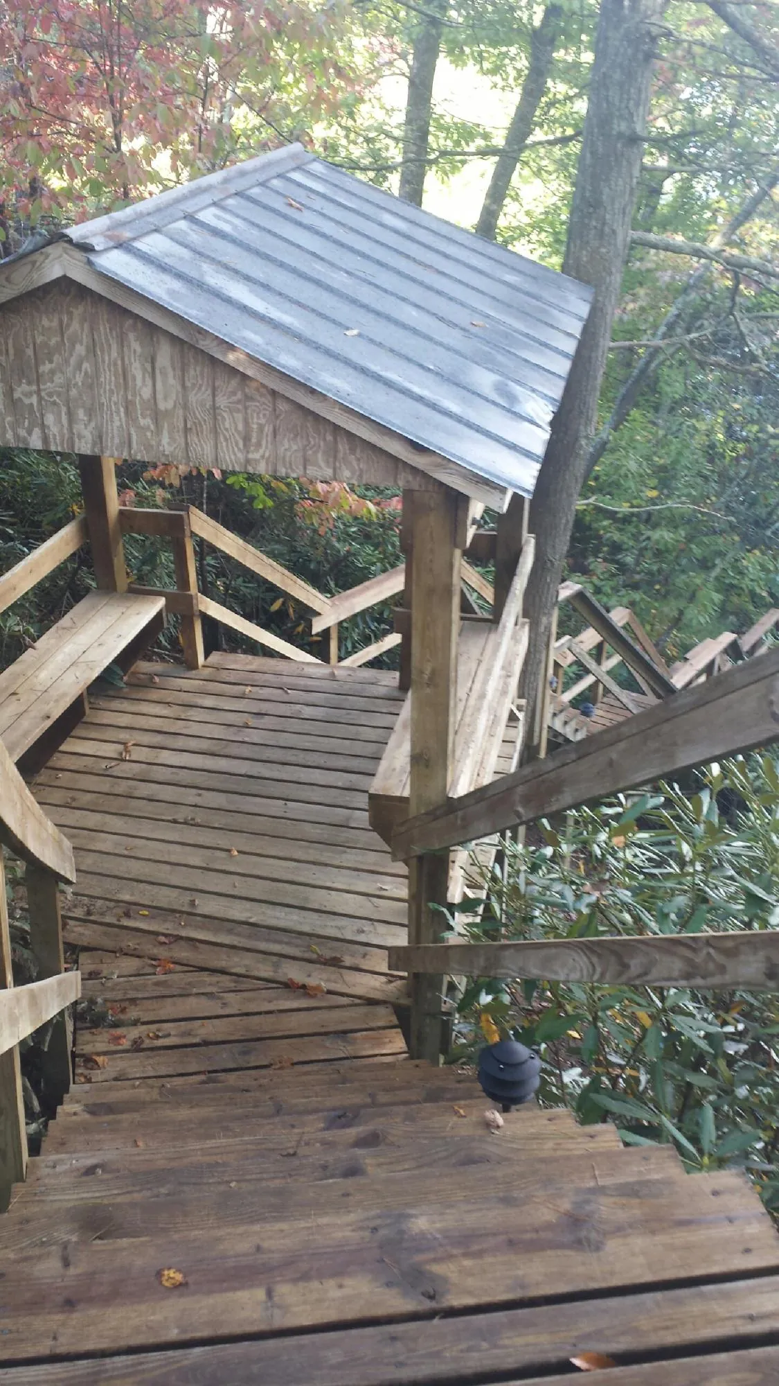 Metal roofed shelter over wooden steps on a wooded walkway — Skylight Repair & Installation work by our crew in Saint Inigoes